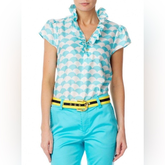 Elizabeth McKay 100% Silk Ruffled Blouse in Fontainee Turquoise Size 2 XS NWT - Picture 11 of 11